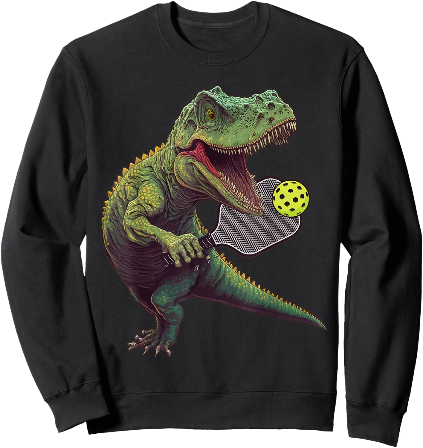 Funny Dinosaur Play Pickleball Sweatshirt - Sweatshirt | Black