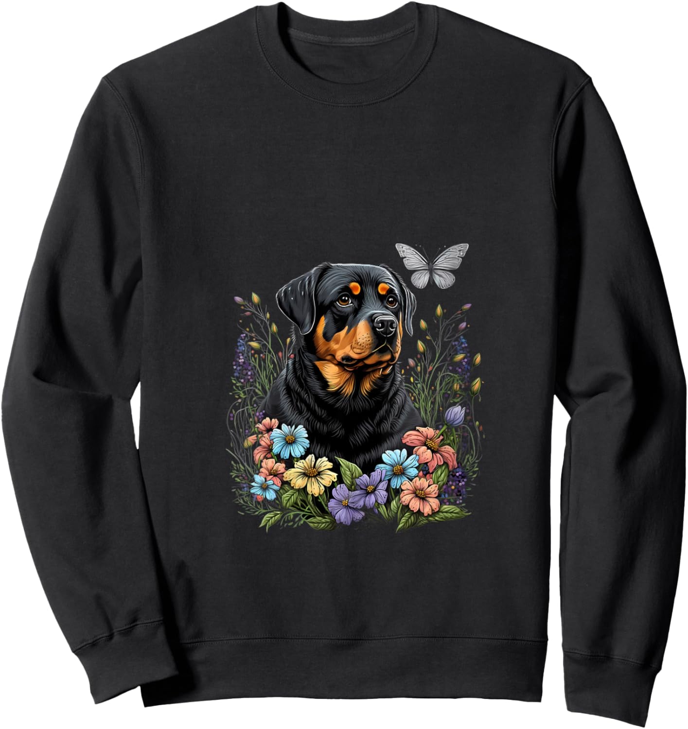 Women's Rottweiler and Butterfly in the Spring Garden Floral Black V-Neck Sweatshirt - Sweatshirt | Black