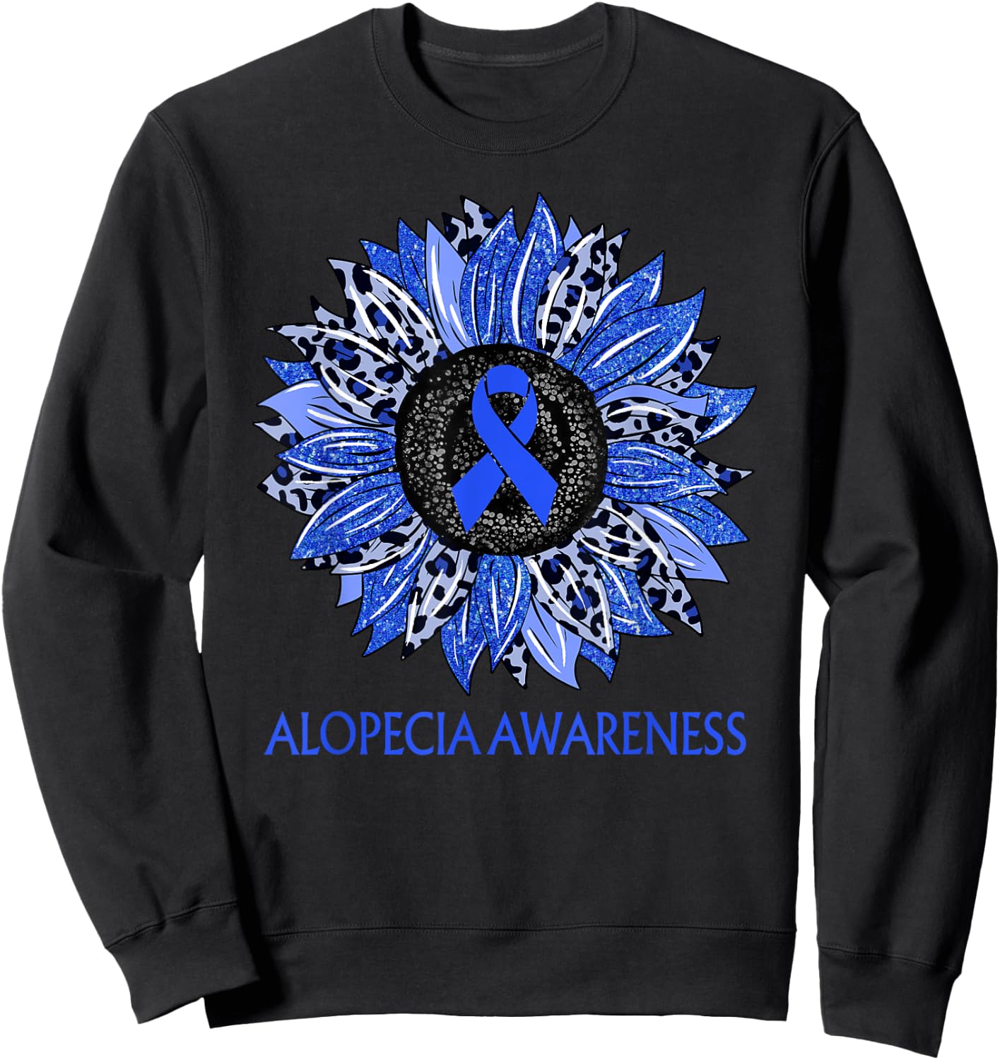 Leopard Sunflower Alopecia Awareness Blue Ribbon Support Sweatshirt - Sweatshirt | Black