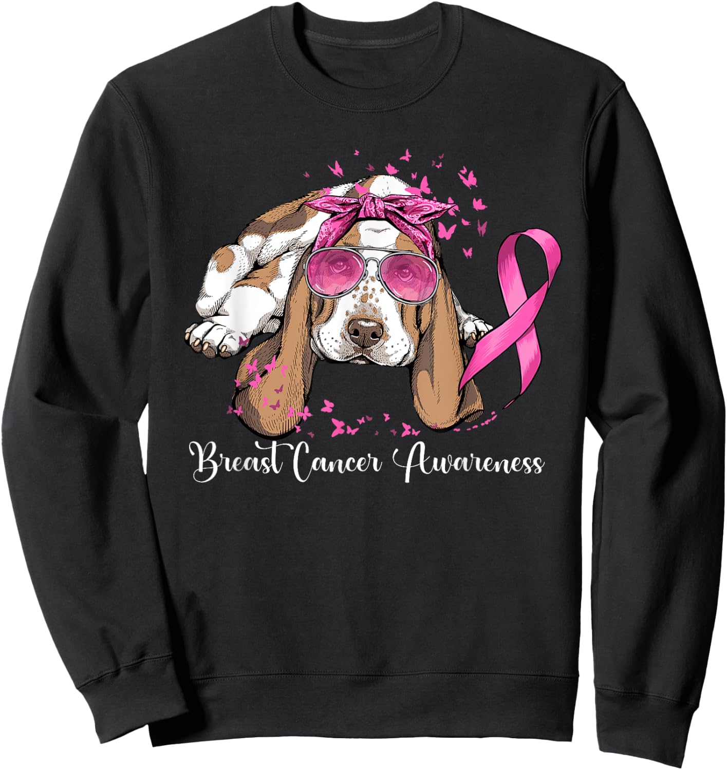 Basset Hound Dog Lover Pink Ribbon Breast Cancer Awareness Men Women Sweatshirt - Sweatshirt | Black