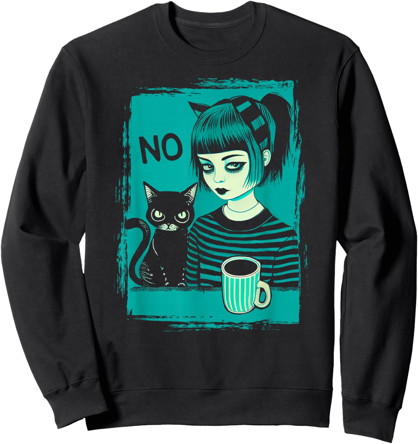 Dark At Heart Punk Goth Girl Says No With Cat And Coffee Sweatshirt - Sweatshirt | Black