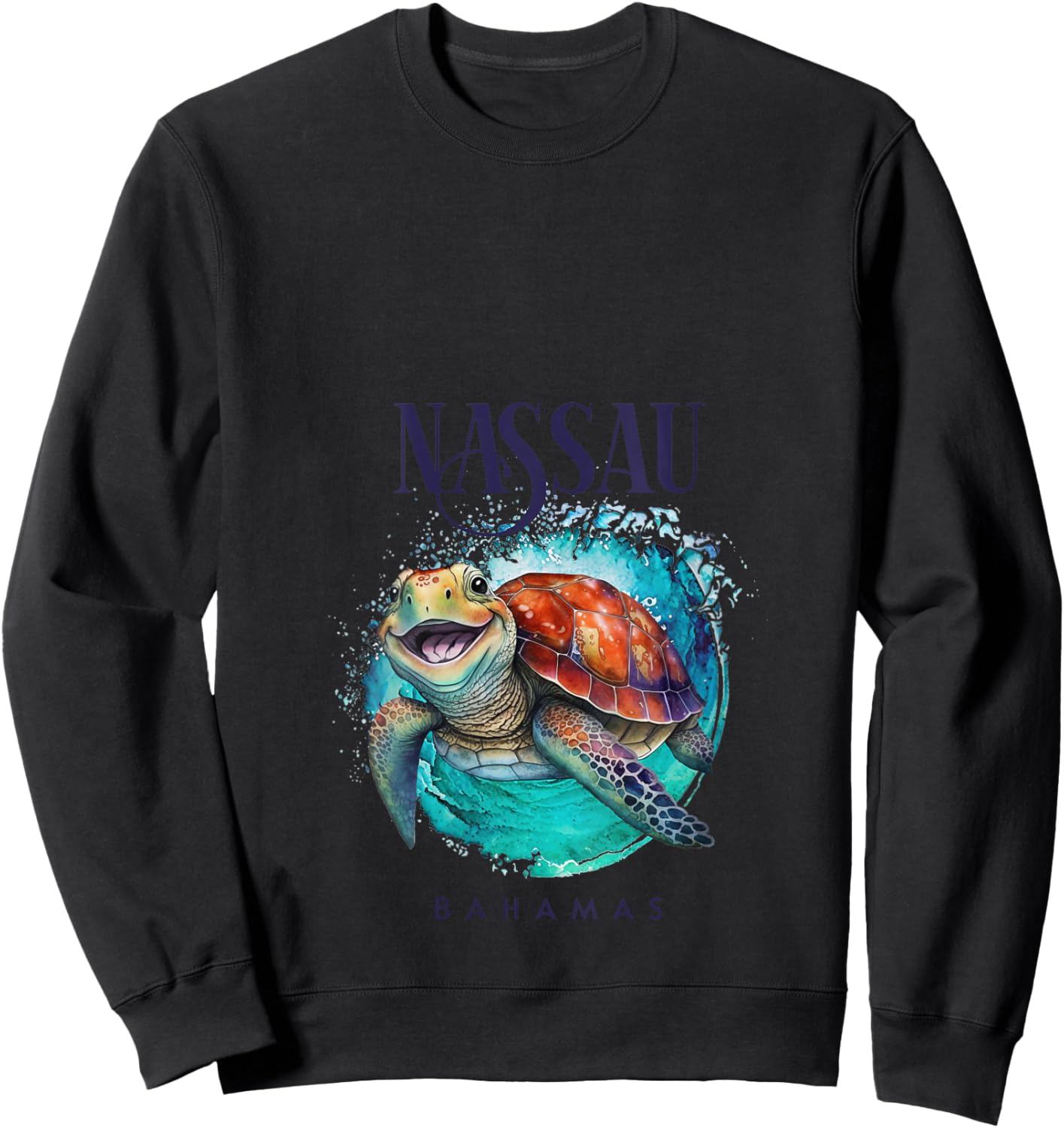 Nassau Bahamas Watercolor Happy Sea Turtle V-Neck Sweatshirt - Sweatshirt | Black