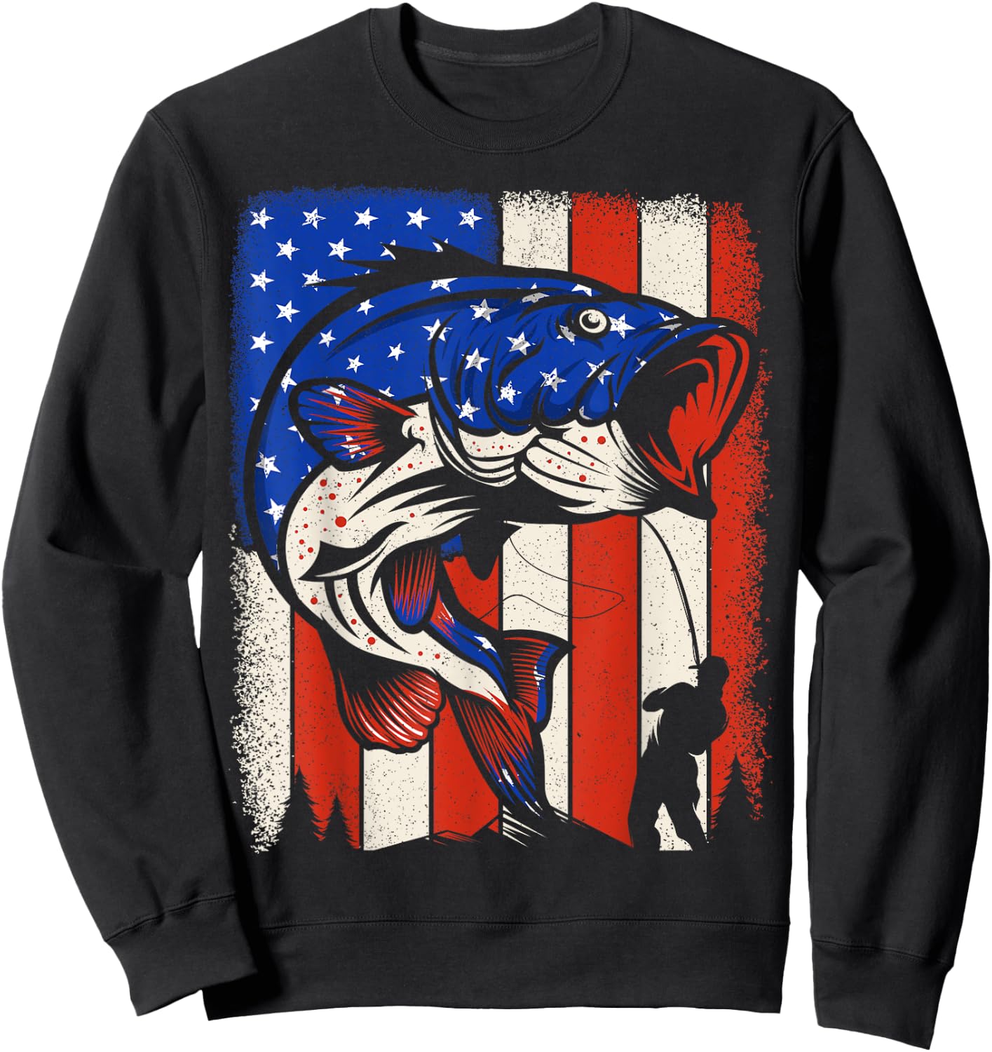 Men Bass Fishing American Flag Patriotic 4th of July Fishing Sweatshirt - Sweatshirt | Black
