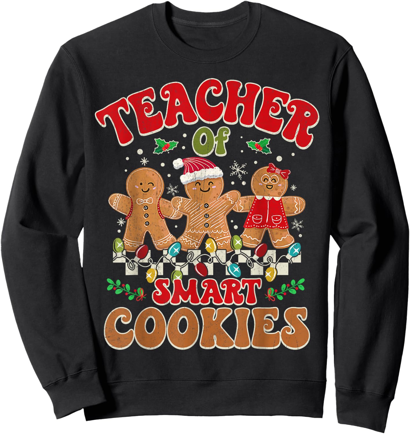 Groovy Retro Christmas Teacher Cute Gingerbread Cookies Sweatshirt - Sweatshirt | Black