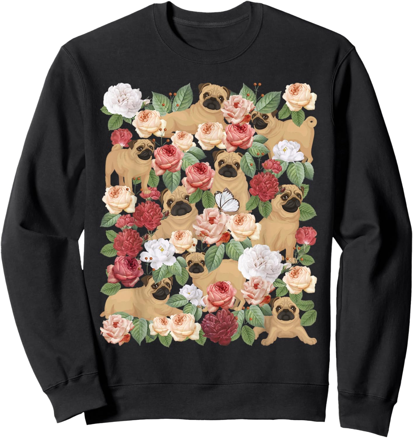Botanical Black Pug Garden - Floral Dog Owner Pet Lover Sweatshirt - Sweatshirt | Black