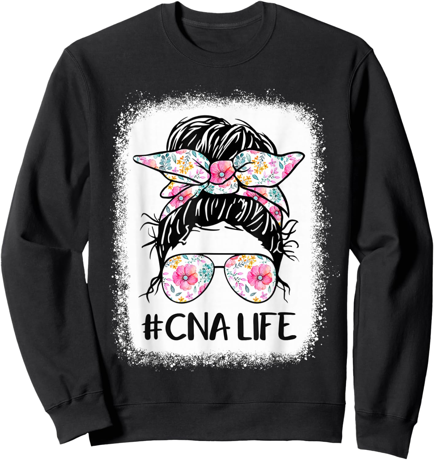 CNA Life Bleached Shirts Flower Messy Bun CnaLife Sweatshirt - Sweatshirt | Black
