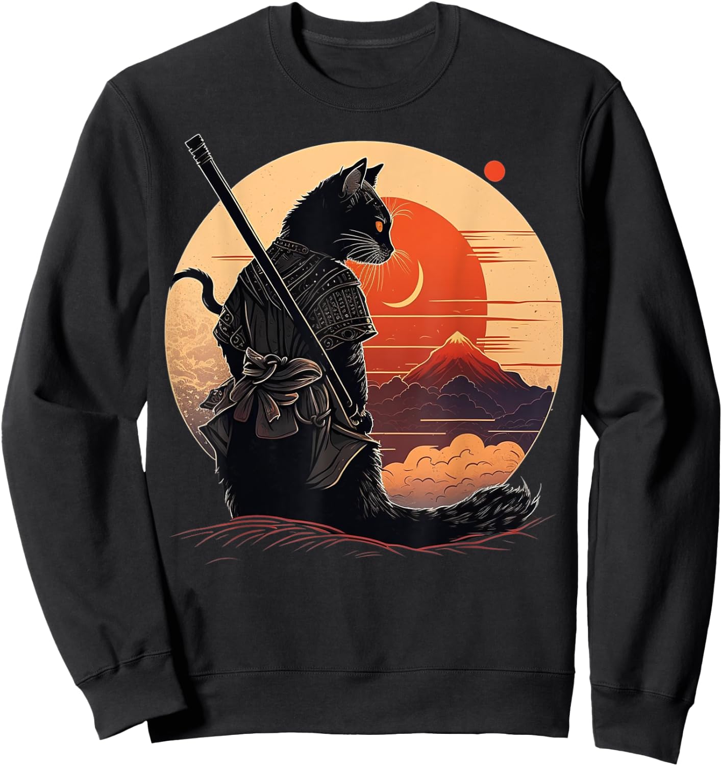 Vintage Japanese Sunset Style and samurai cat Kitten Lover Men Women Kids Sweatshirt - Sweatshirt | Black