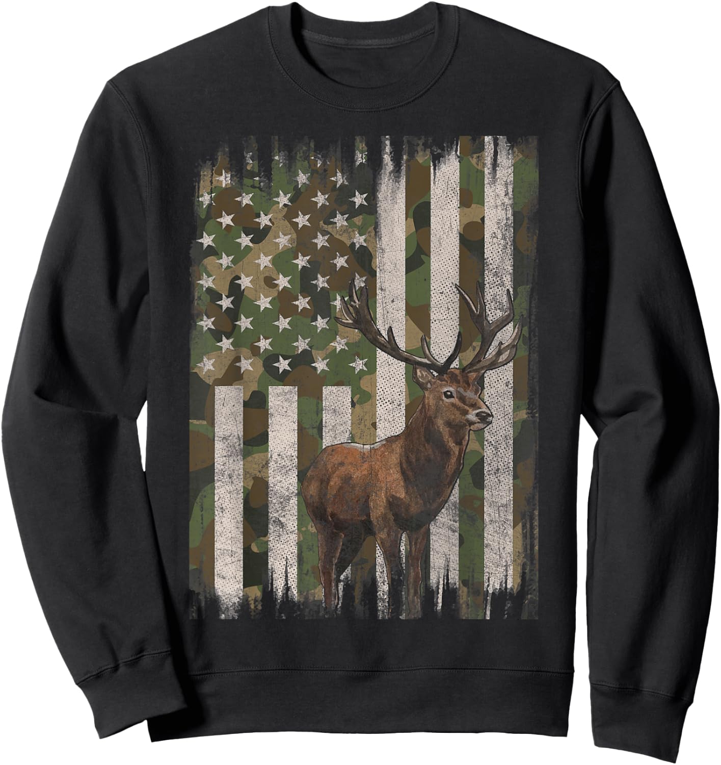 Deer Hunting Whitetail Camo American US Flag Elk Buck Sweatshirt - Sweatshirt | Black