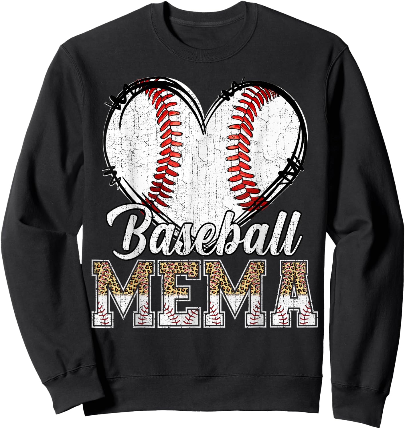 Softball Baseball Mema Heart Leopard Print Mother's Day Sweatshirt - Sweatshirt | Black