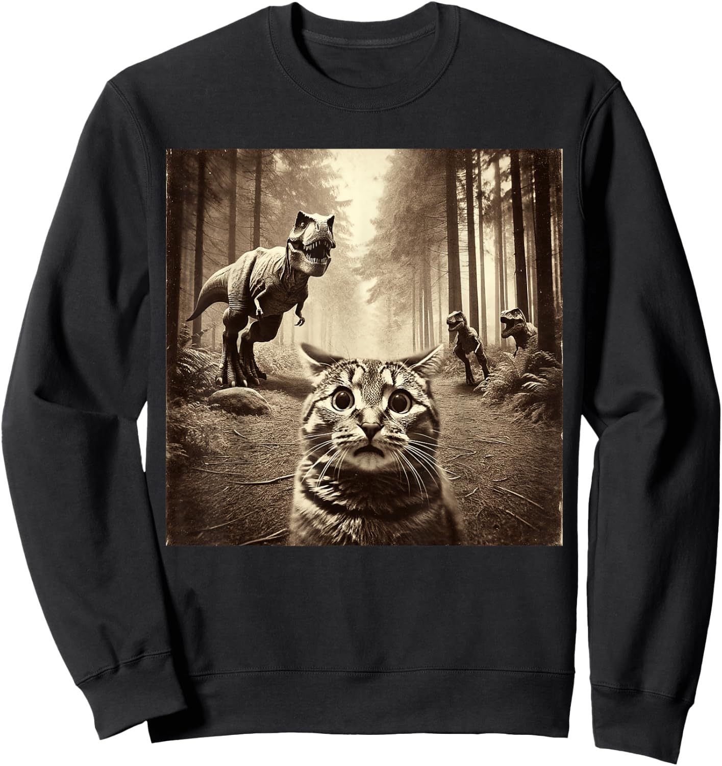 Funny Last Selfie Of Cat Before T-Rex Attack Hilarious Cat Sweatshirt - Sweatshirt | Black