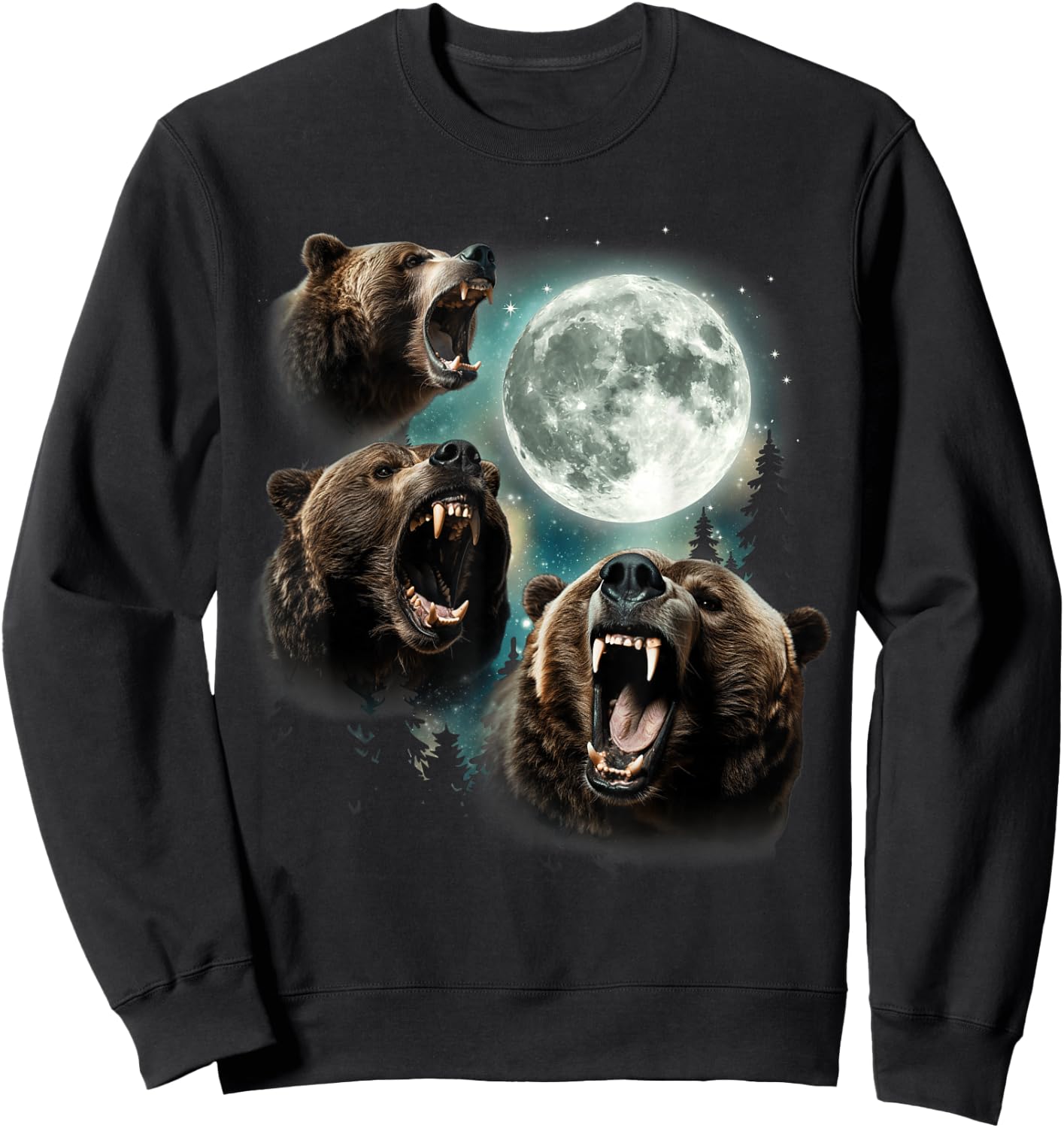 Three Grizzly Bears Howl At Moon Starry Mountain Forest Bear Sweatshirt - Sweatshirt | Black