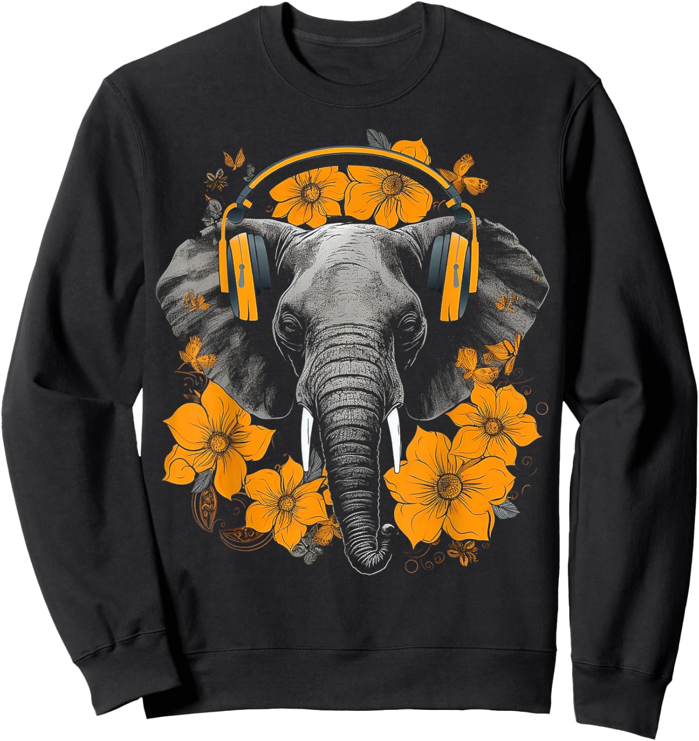 Elephant Headphones Artwork | Music Animal Flower Elephant Sweatshirt - Sweatshirt | Black