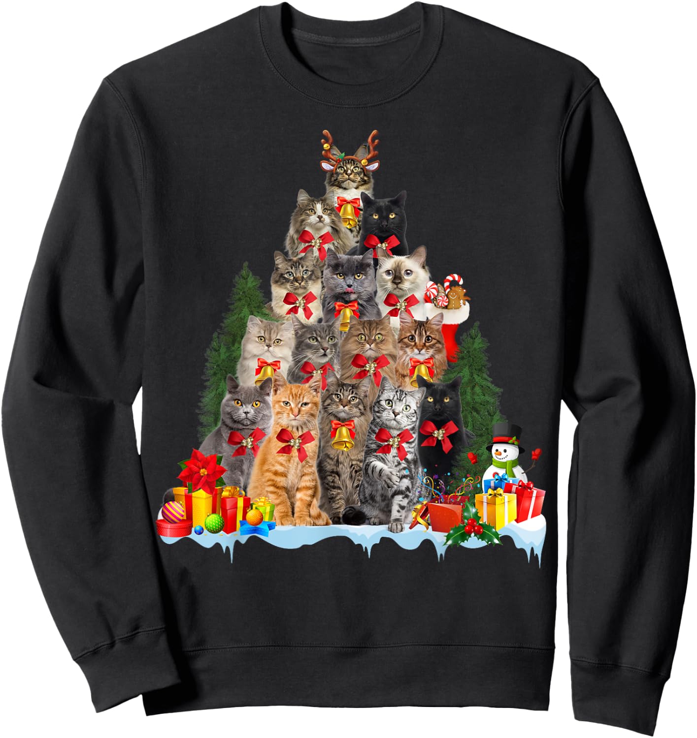 Christmas Pajama Cat Xmas Tree Ornament Cat Lover, Cat Mom Sweatshirt - Sweatshirt | Black