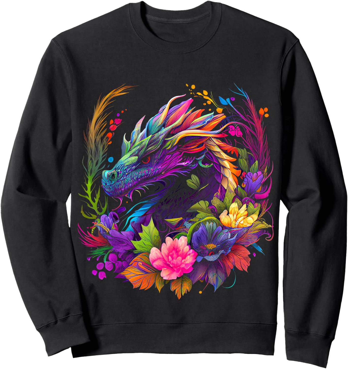 Watercolor Dragon Flowers Beautiful Art Colorful Graphic Sweatshirt - Sweatshirt | Black