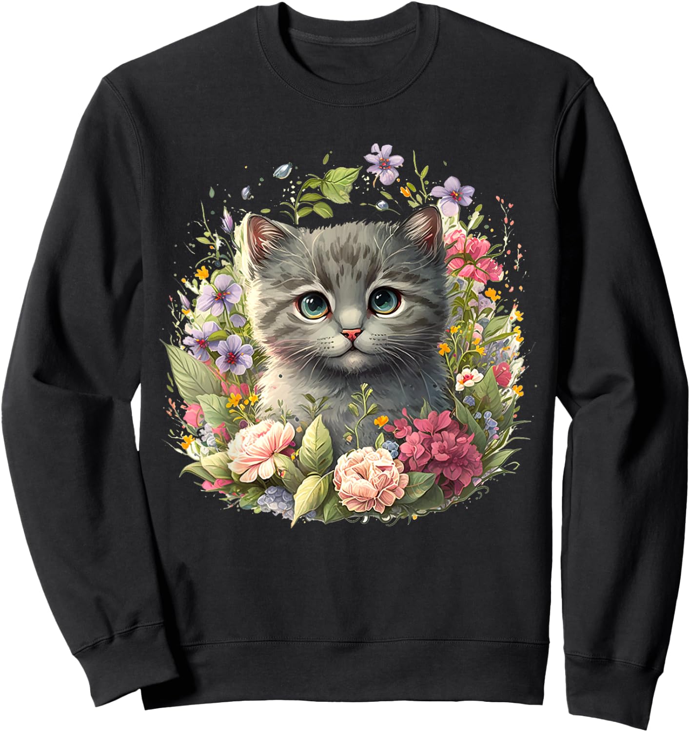 Adorable Cat, Cute Kitten Floral Sweatshirt - Sweatshirt | Black