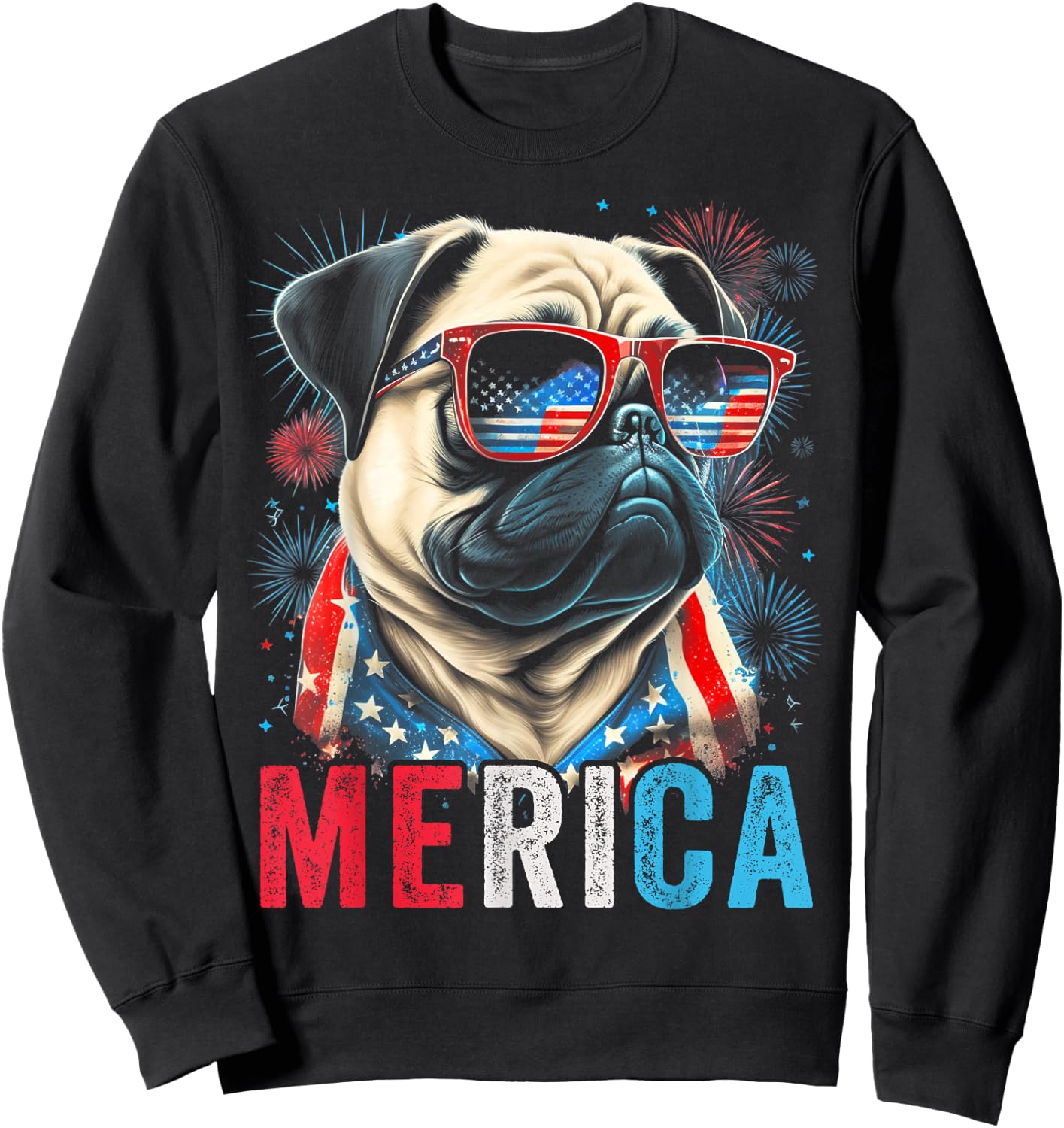 Pug Dog 4th of July American Flag America USA Merica Funny Kids Men Sweatshirt - Sweatshirt | Black