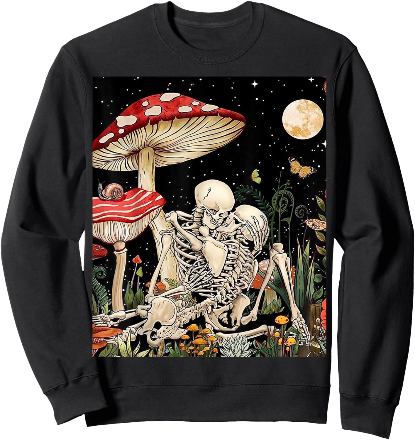Boho Mushroom Retro Skeleton Couple Vintage Kiss Witchy Moth Sweatshirt - Sweatshirt | Black