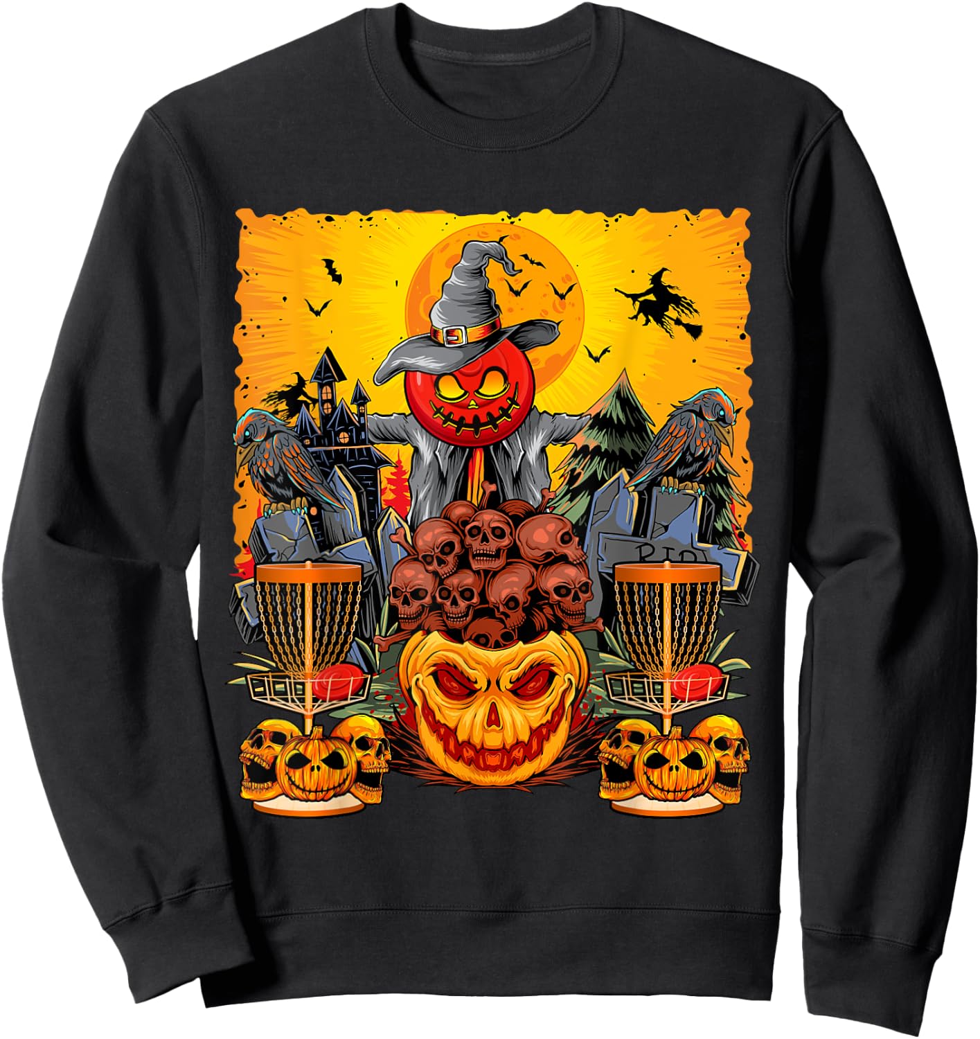 Disc Golf Faces Halloween Skulls Horror Pumpkins Player Sweatshirt - Sweatshirt | Black