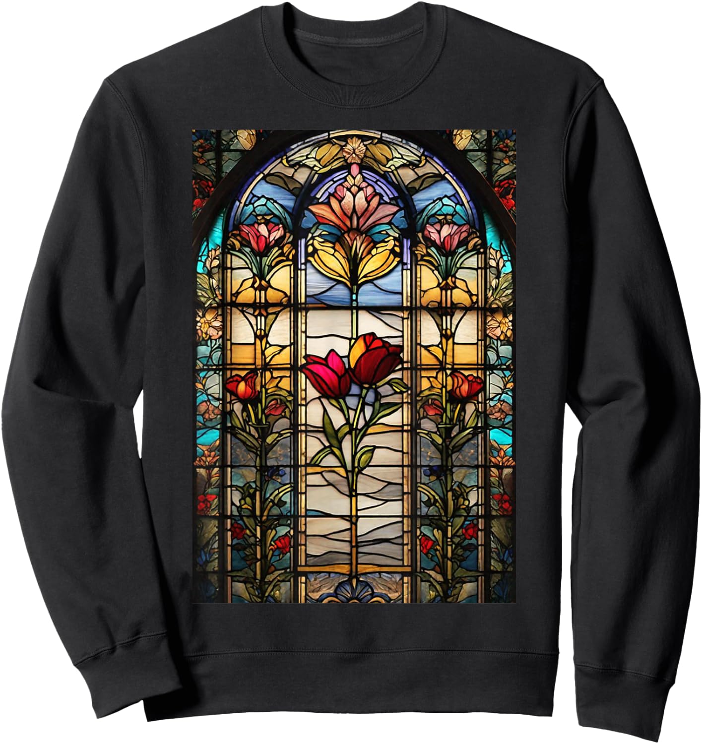 Stained-Glass Style Floral Art Flowers Surreal Print Sweatshirt - Sweatshirt | Black