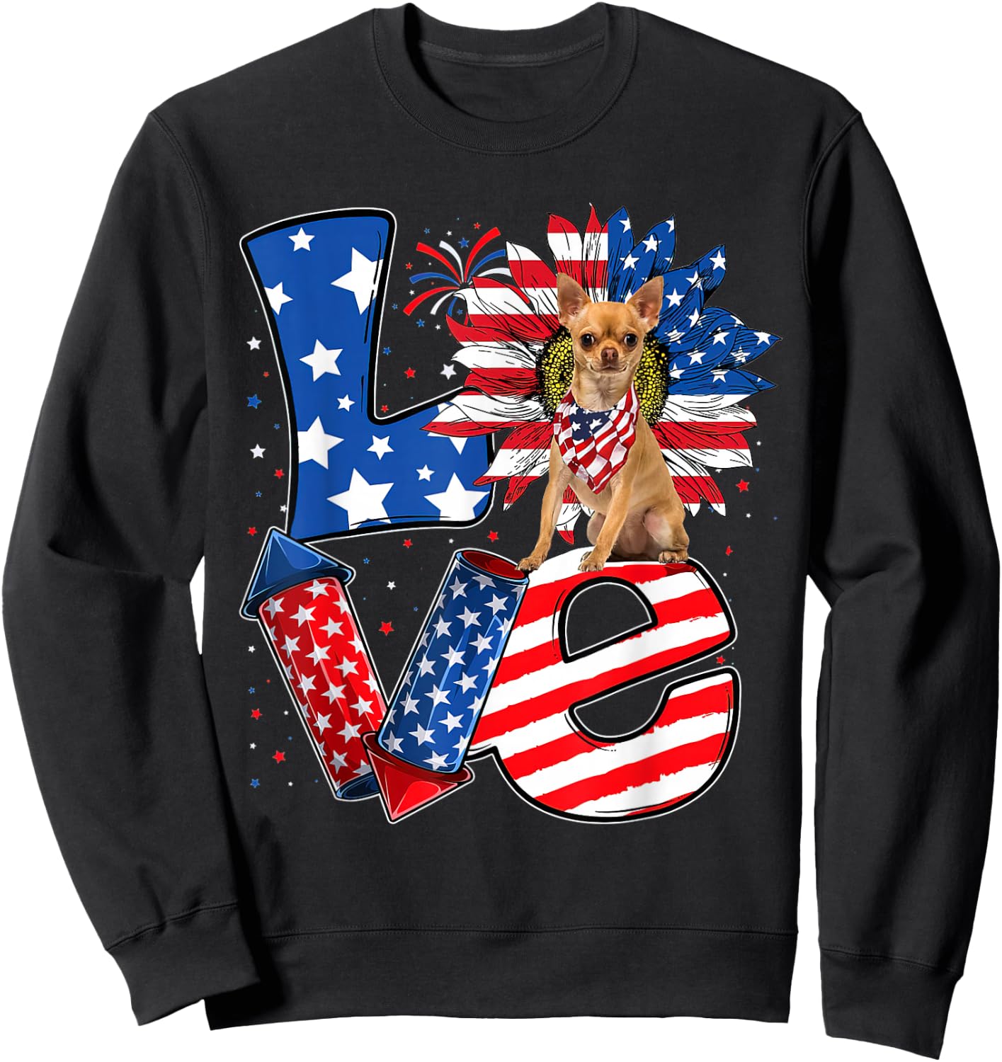 4th of July Decor Patriotic LOVE Chihuahua Dog USA Flag Sweatshirt - Sweatshirt | Black