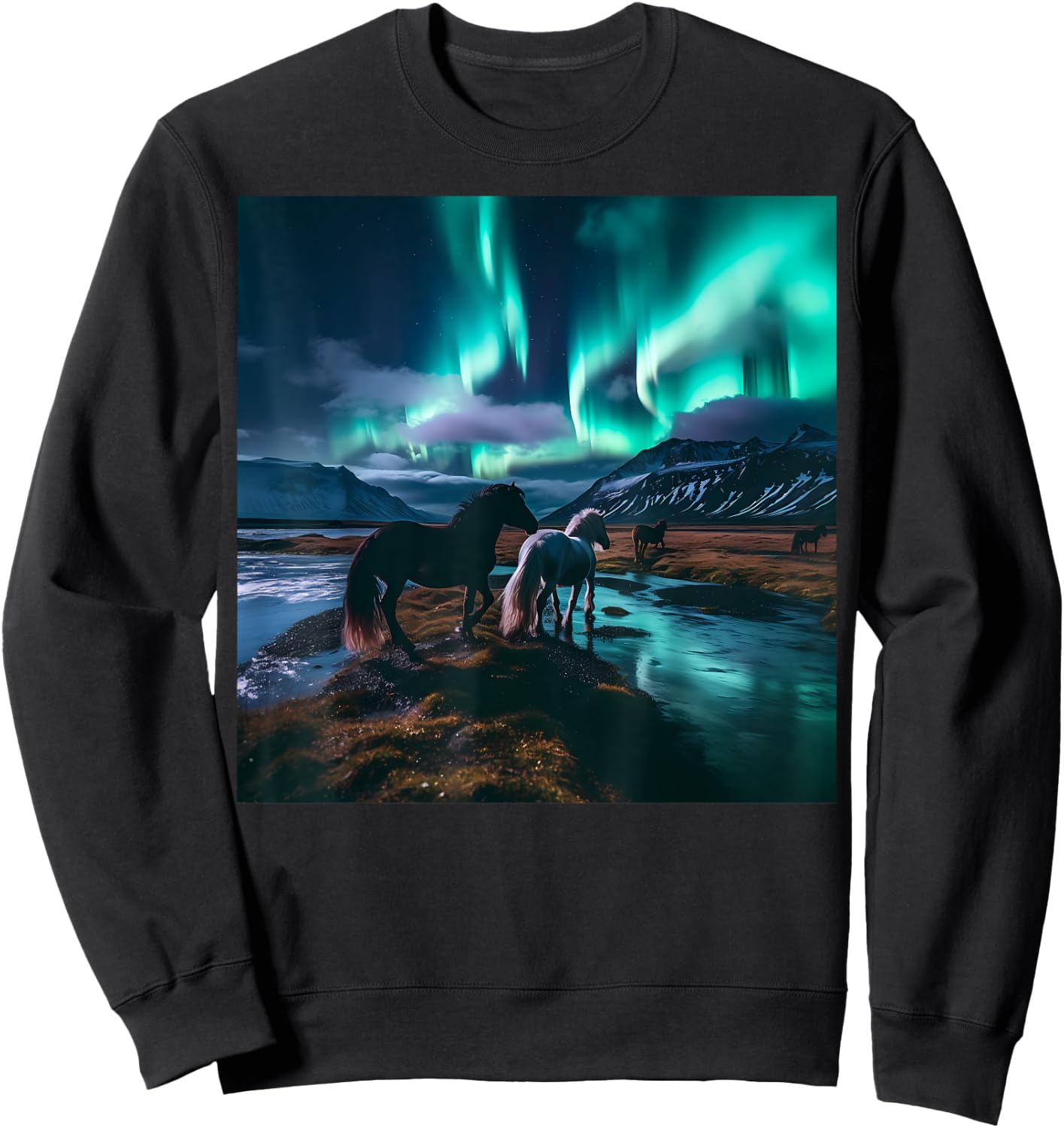 Iceland Northern Lights Landscape Wilderness Horse Souvenir Sweatshirt - Sweatshirt | Black
