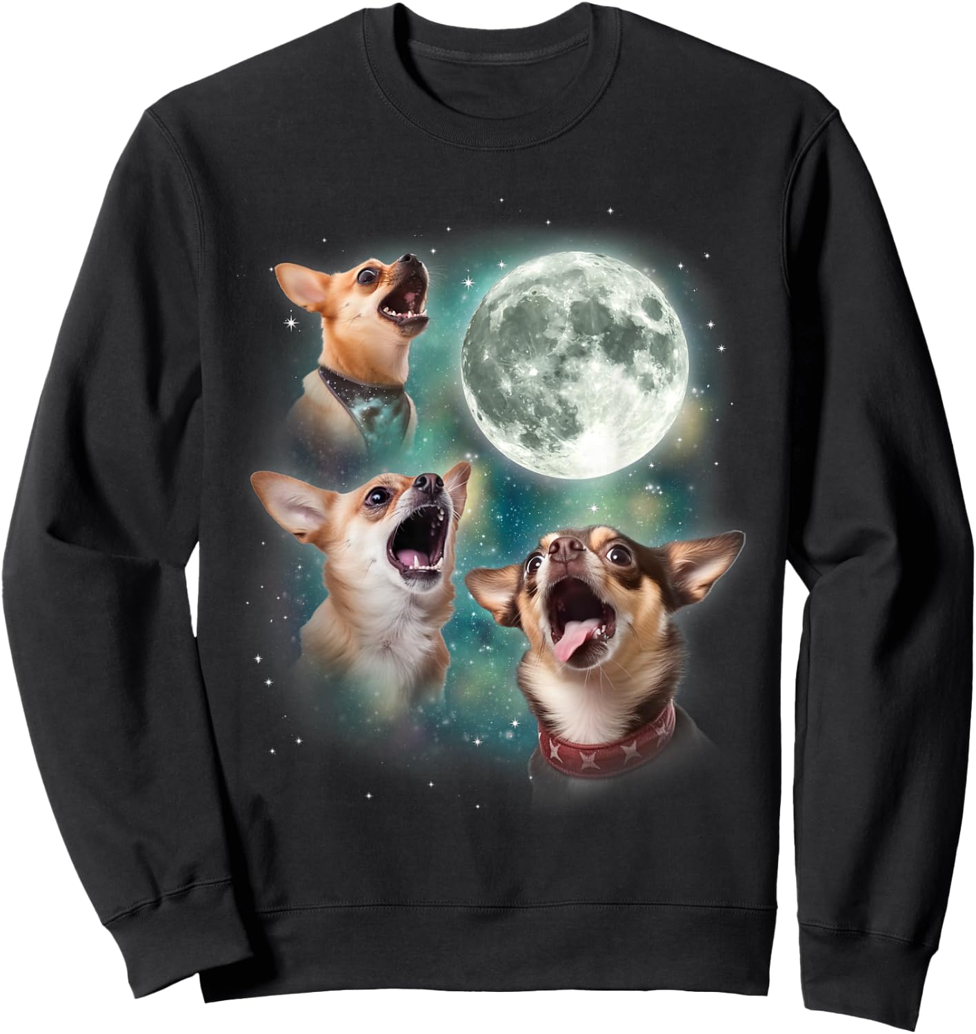 Three Chihuahuas Howl at Moon | 3 Dogs Funny Wolves Parody Sweatshirt - Sweatshirt | Black