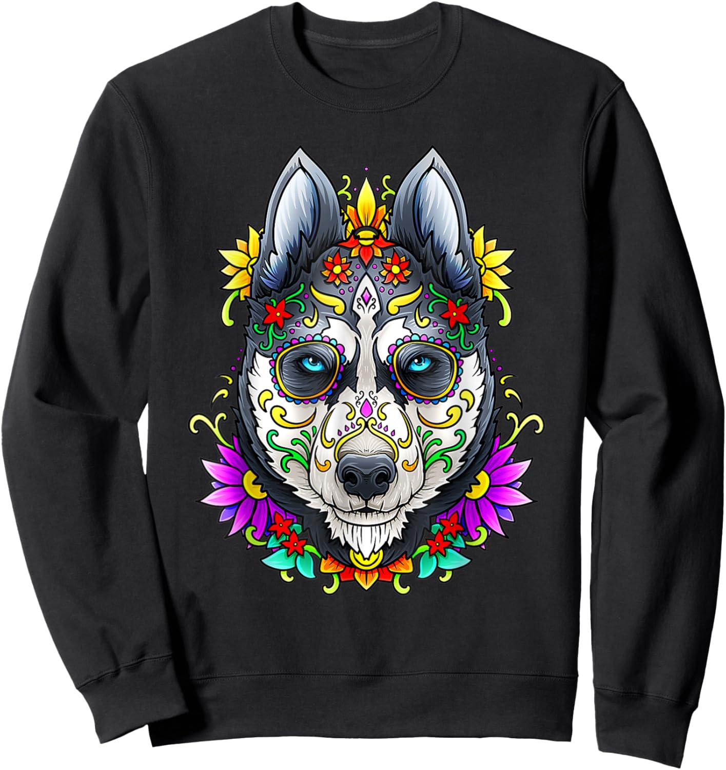 Alaskan Husky Skull Dog Day of The Dead Sugar Skull Dog Women Kids Sweatshirt - Sweatshirt | Black
