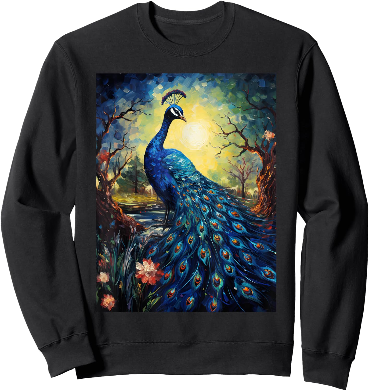 Peacock Starry Night Van Gogh Style Graphic Sweatshirt - Sweatshirt | Black