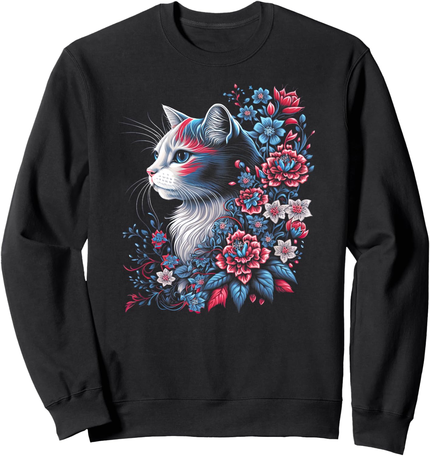 Floral Cat - Red White and Blue 4th of July Patriotic Women Kids Men Sweatshirt - Sweatshirt | Black