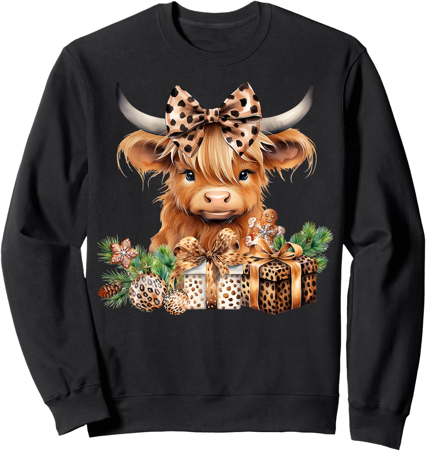Baby Highland Cow Merry Christmas Leopard Cute Cow Farmer Sweatshirt - Sweatshirt | Black