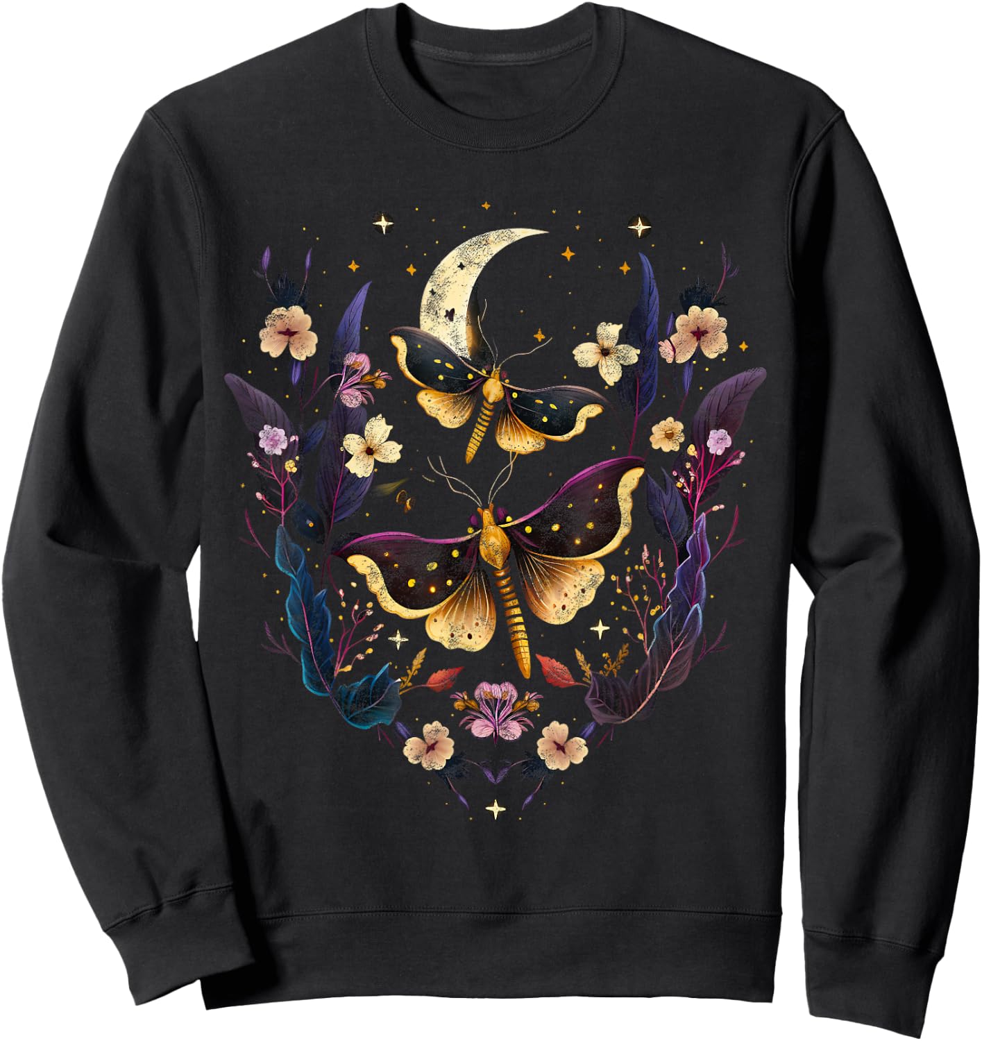Moths with moon, flowers, butterfly, Wicca, goth, night Sweatshirt - Sweatshirt | Black