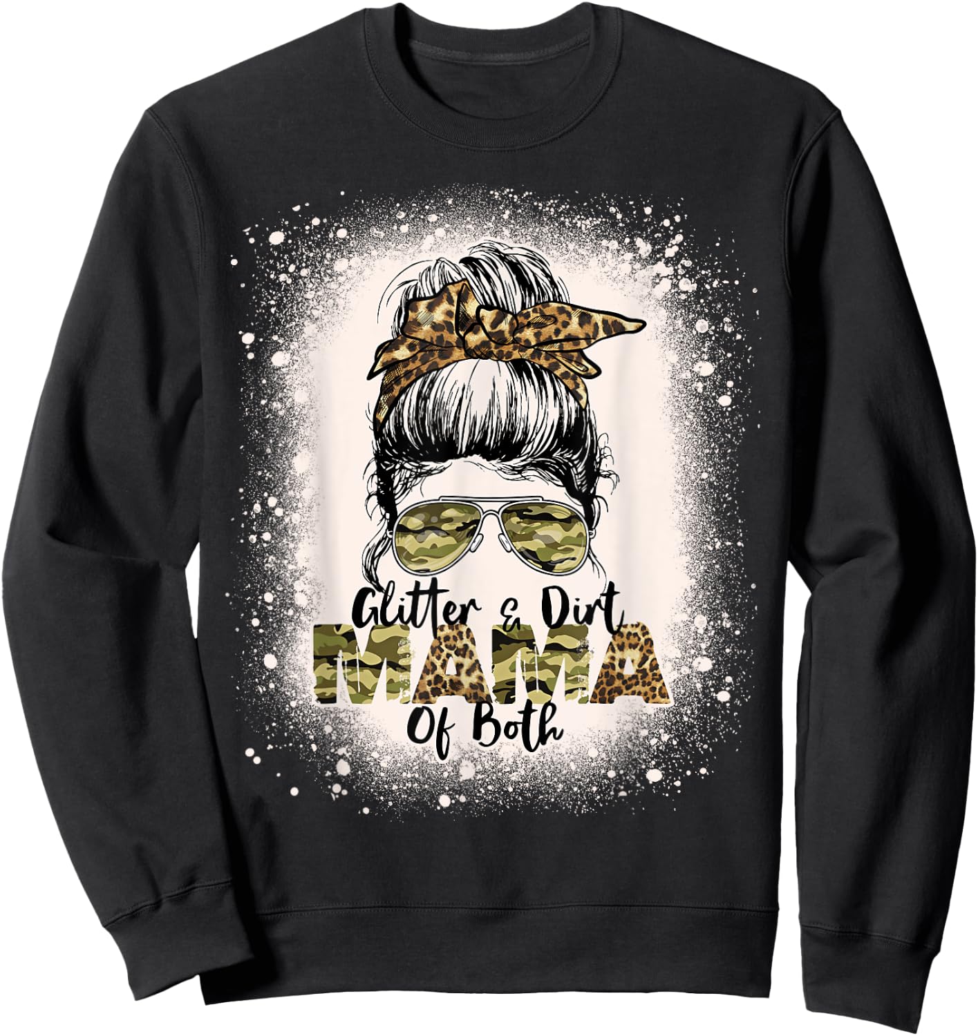 Glitter & Dirt Mama Of Both Leopard Camo Messy Bun Bleached Sweatshirt - Sweatshirt | Black