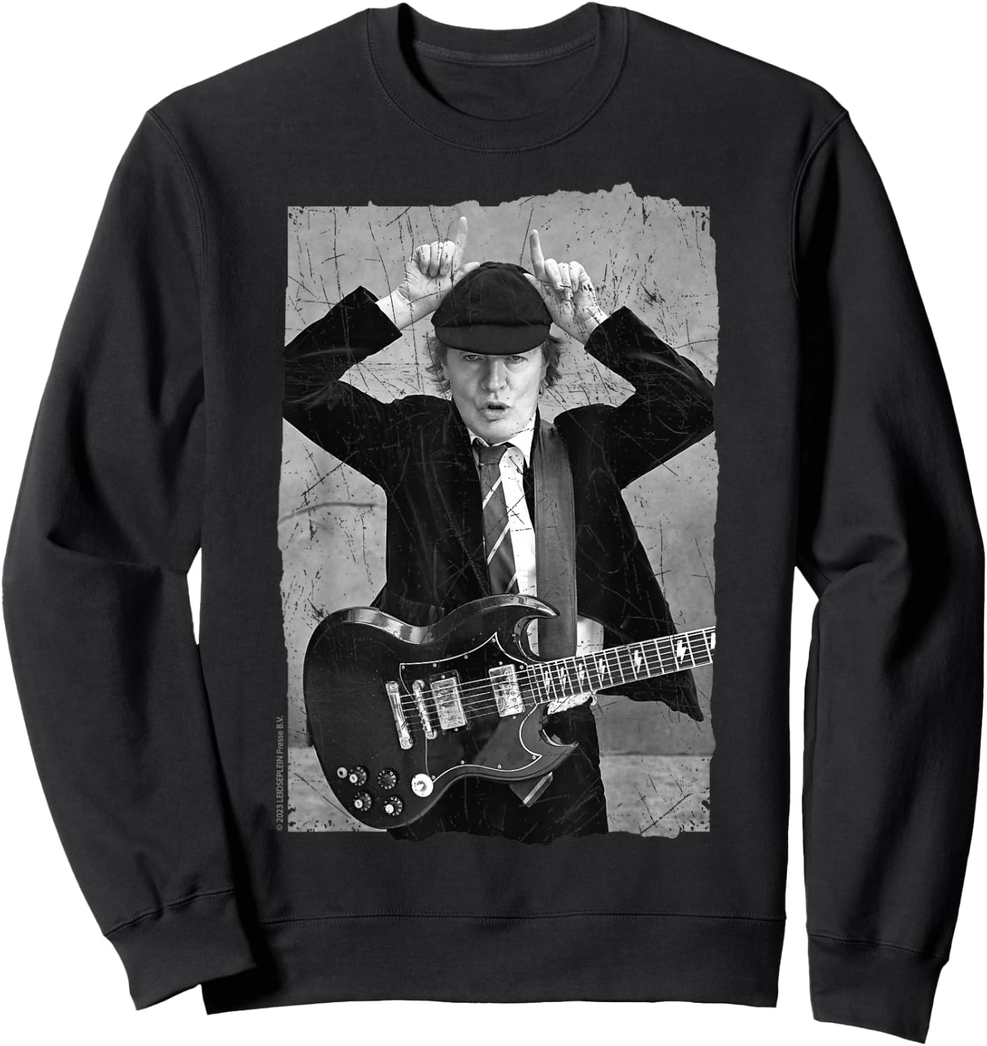 Official AC/DC Rock Music Band Angus Young Distressed Photo Sweatshirt - Sweatshirt | Black