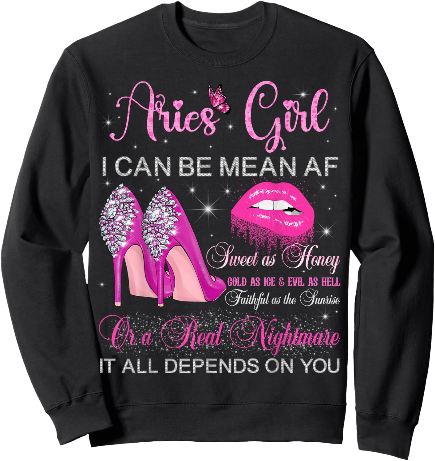 Aries Girl Birthday High Heels Dripping Lips Zodiac Women Sweatshirt - Sweatshirt | Black