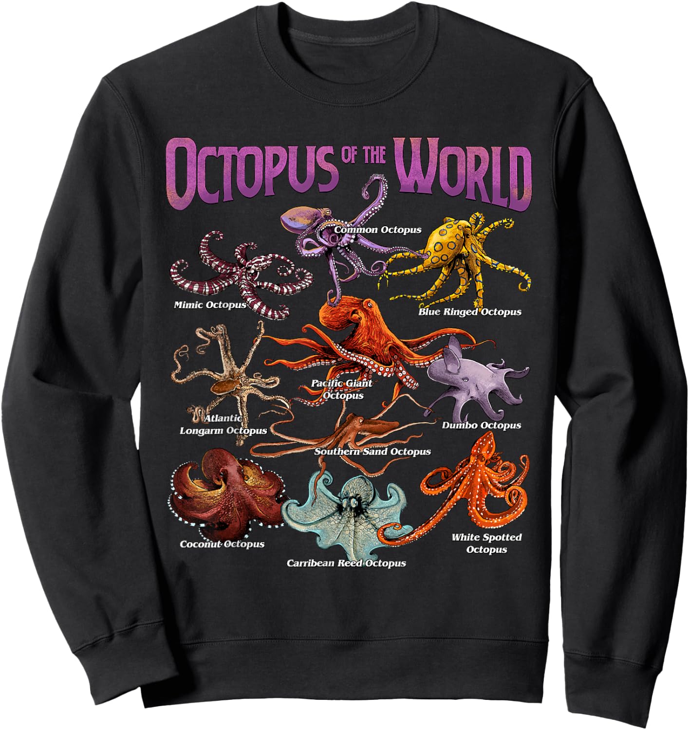 Octopus of The World Sea Animal Educational Octopus Lover Sweatshirt - Sweatshirt | Black