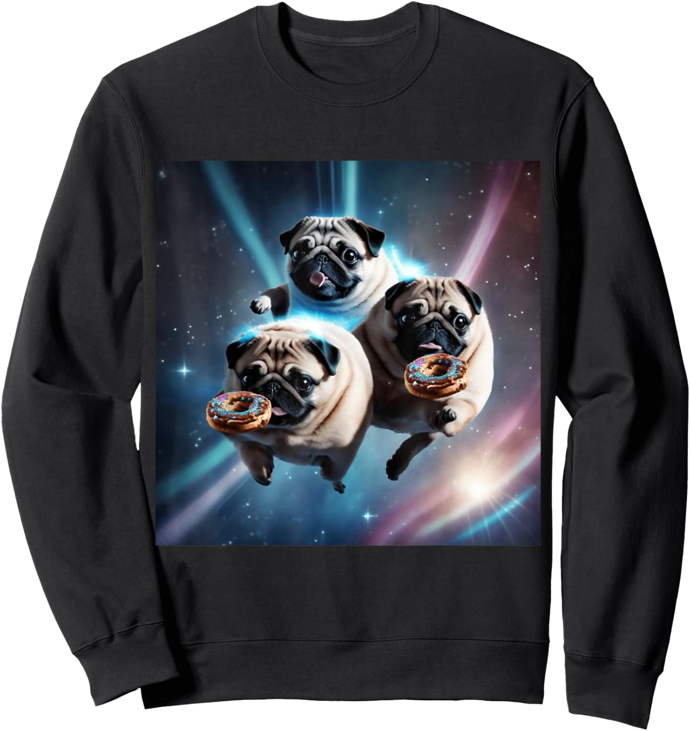 Pugs In Space With Donuts Cute Pug Boys Girls Men Women Sweatshirt - Sweatshirt | Black
