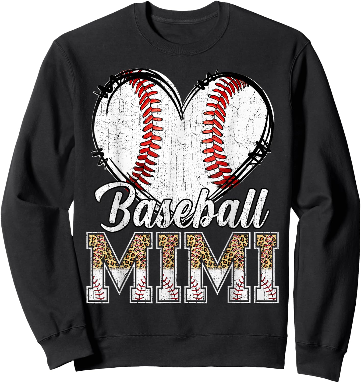 Softball Baseball Mimi Heart Leopard Print Mother's Day Sweatshirt - Sweatshirt | Black