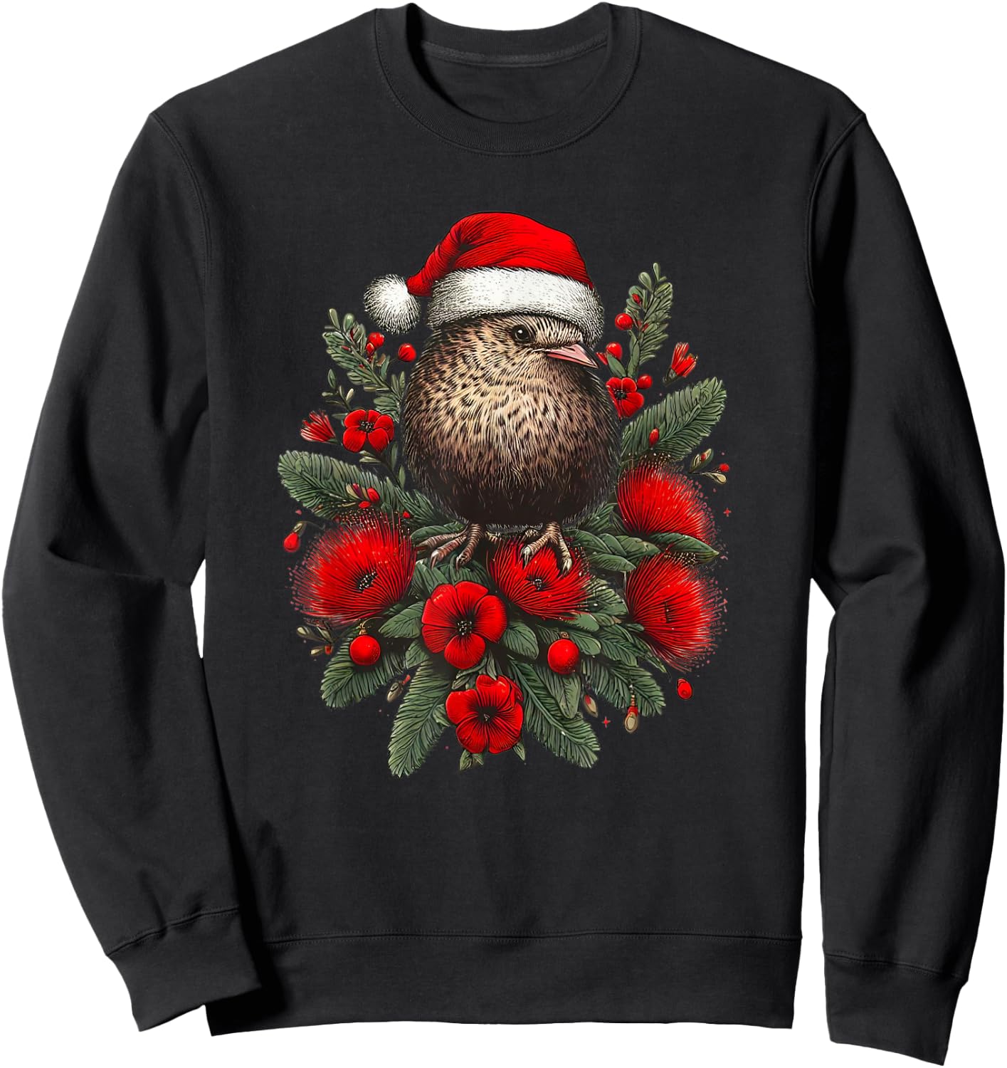 Christmas New Zealand Kiwi Bird Santa Hat Pohutukawa Tree Sweatshirt - Sweatshirt | Black