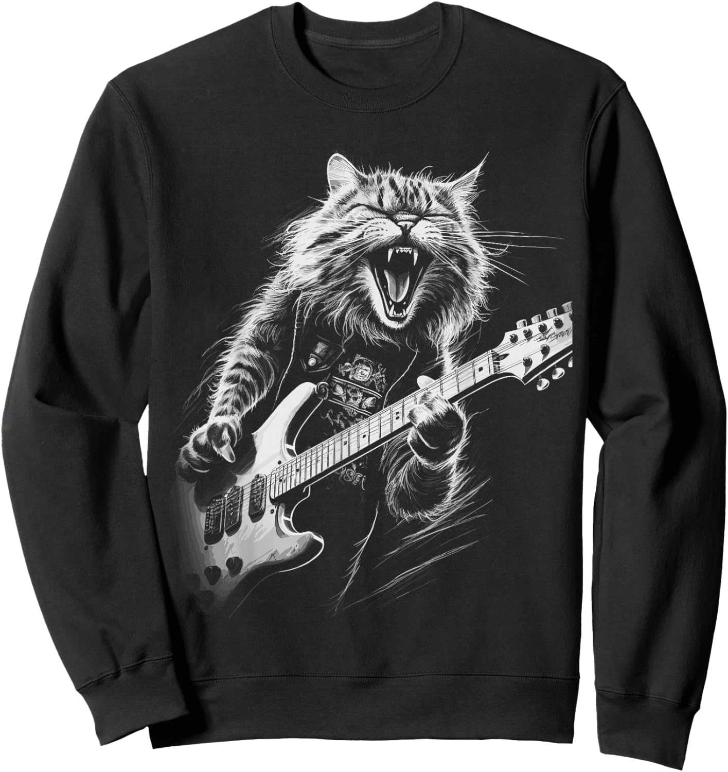 Rock Cat Playing Guitar Woman Funny Guitar Cat Sweatshirt - Sweatshirt | Black