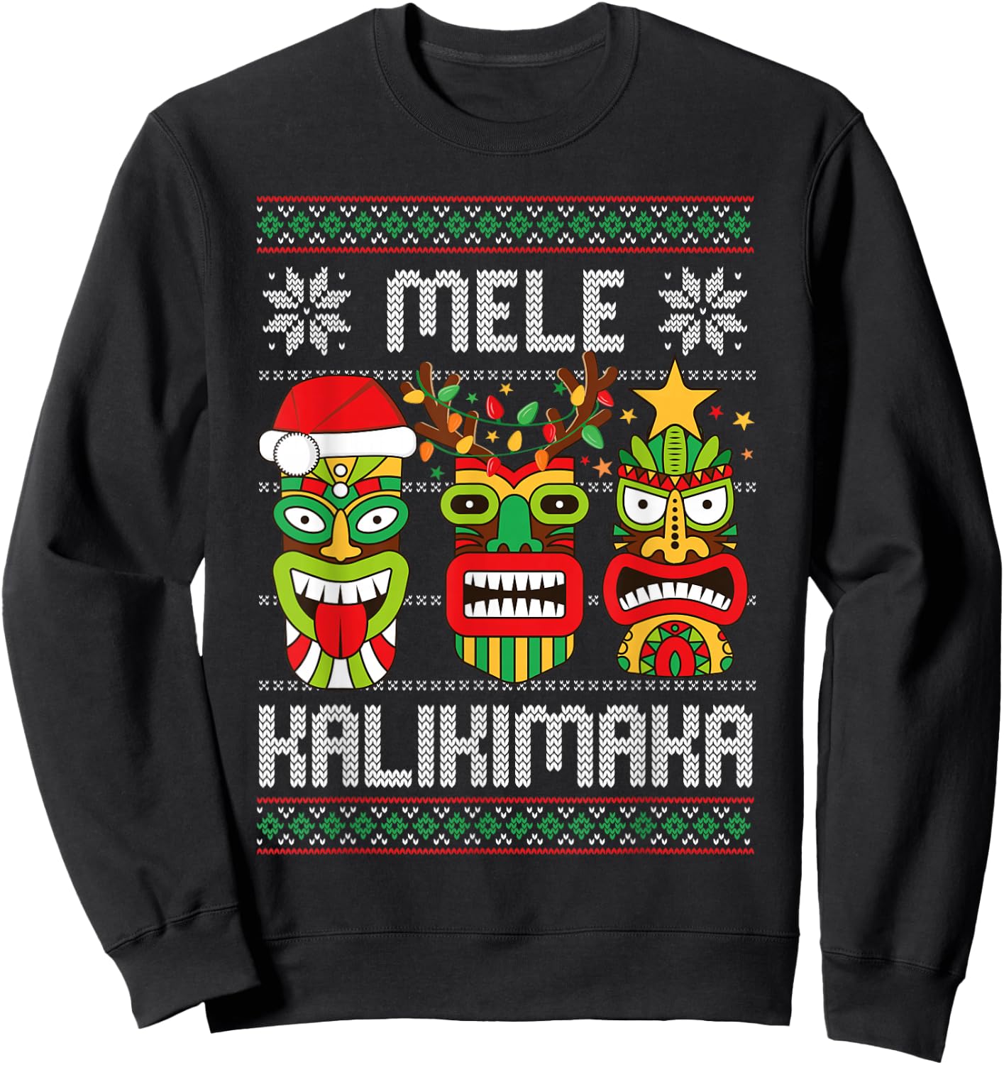 Mele Kalikimaka Christmas Hawaiian Santa Tiki Ugly Christmas Sweatshirt - Sweatshirt | Black