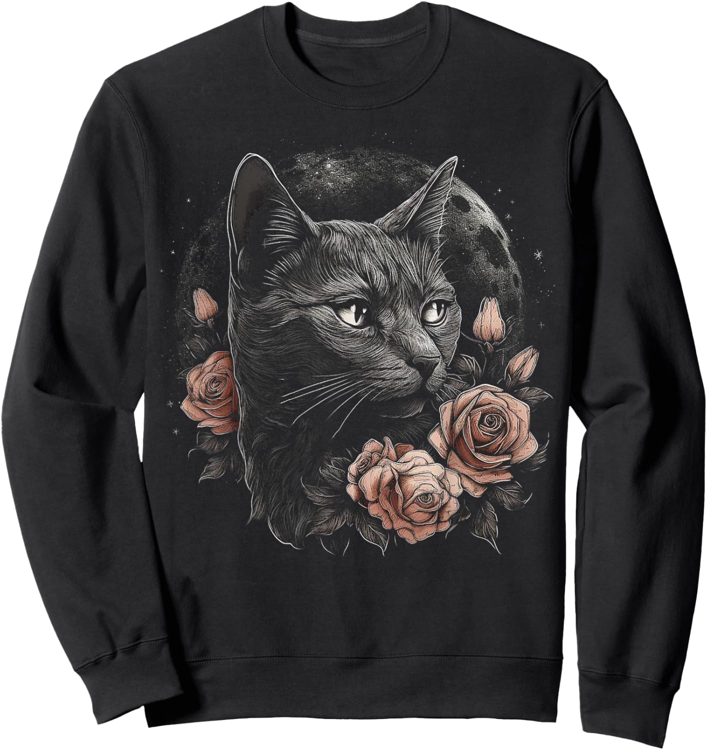 Cat Flower Moon Artwork | Animal Motif Cat Sweatshirt - Sweatshirt | Black
