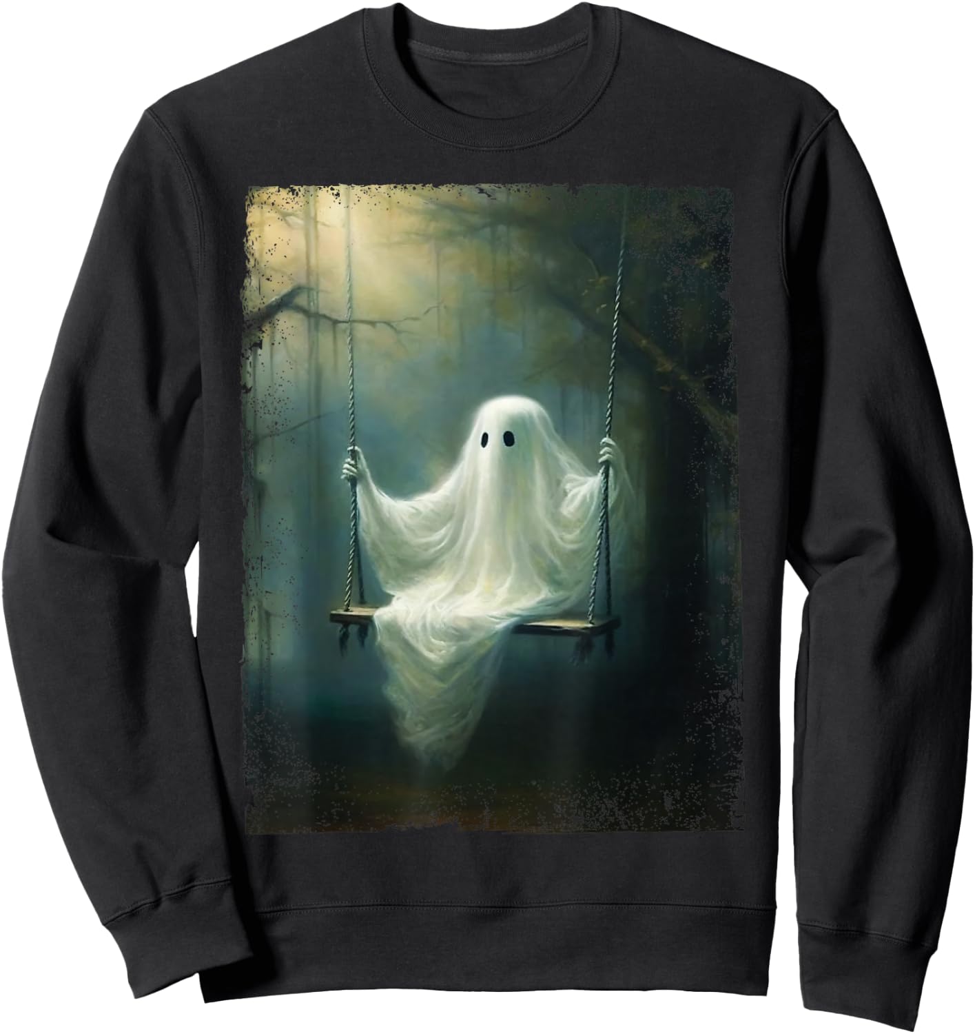 Vintage Halloween Costume Ghost Swing In The Forest Graphic Sweatshirt - Sweatshirt | Black