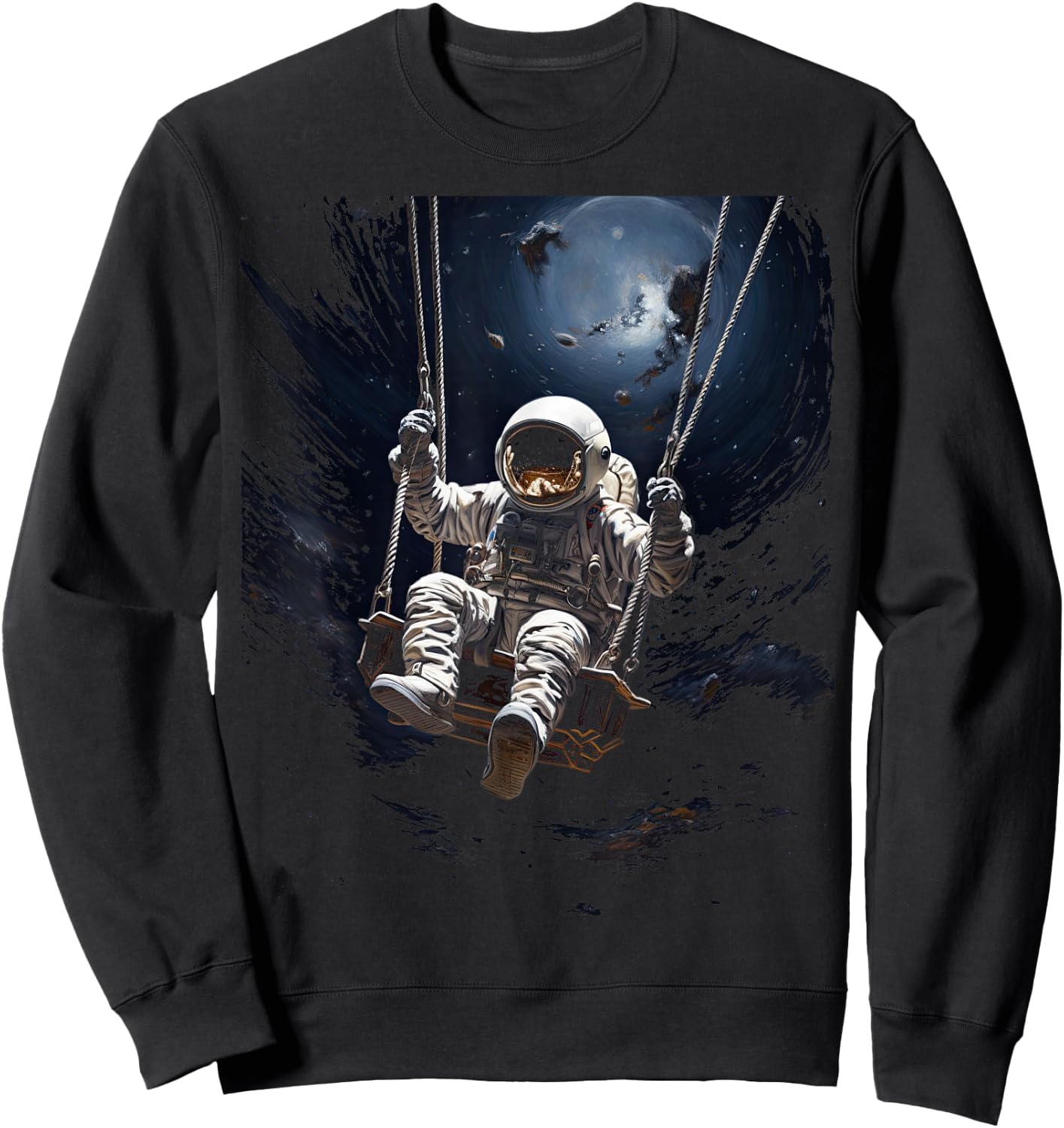 Astronaut Sitting on a Swing in Space Stars Moon Sweatshirt - Sweatshirt | Black
