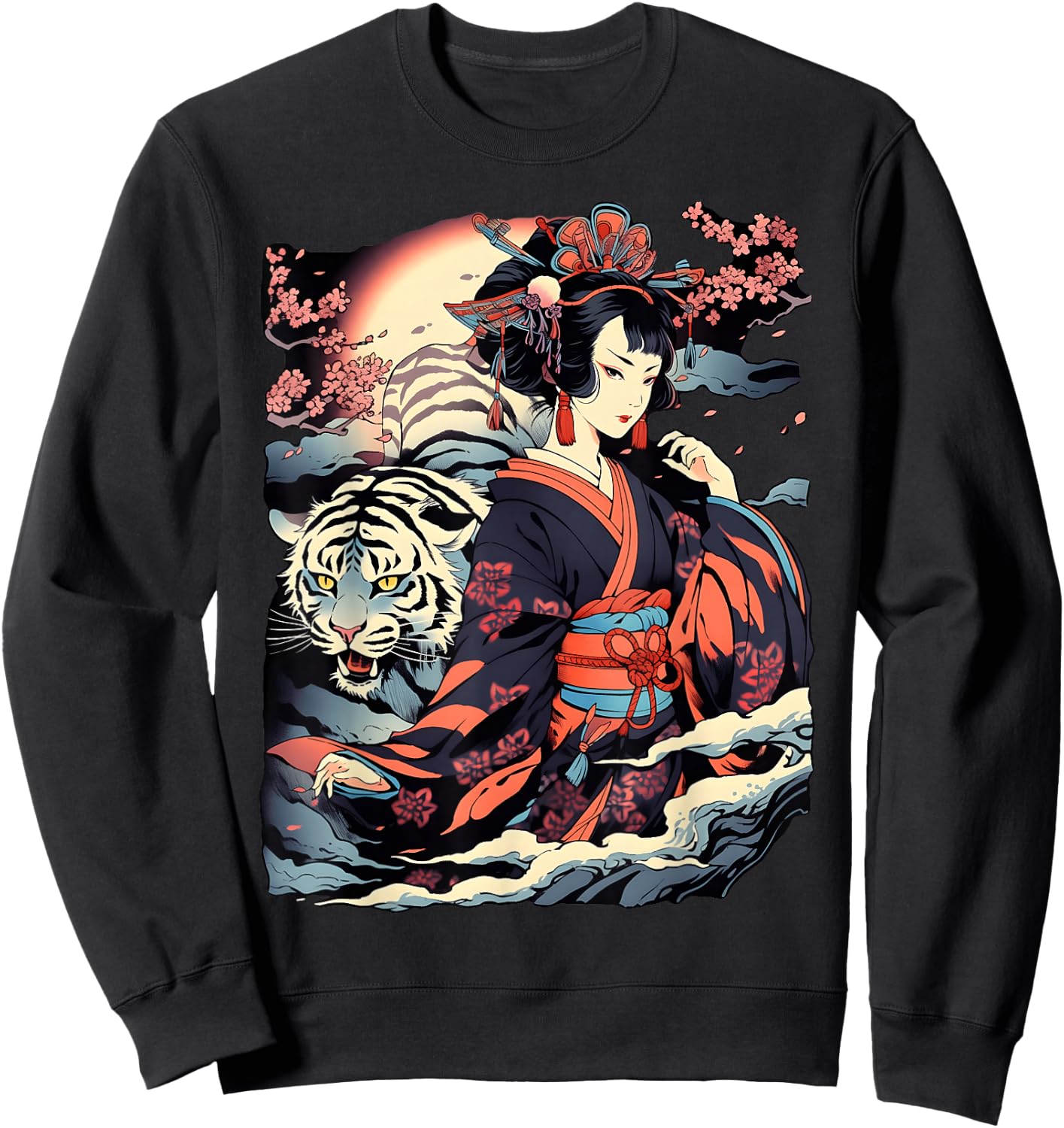 Make a Statement with This Bold Geisha and Tiger Tattoo Sweatshirt - Sweatshirt | Black