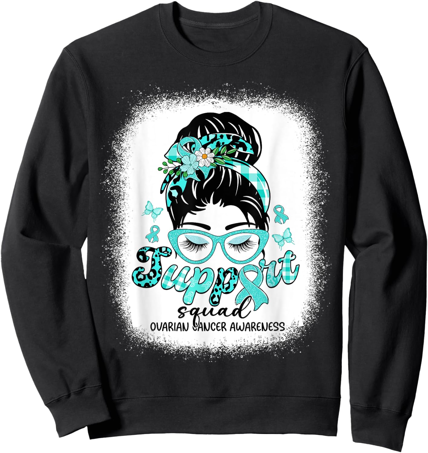 Support Squad Messy Bun Women Ovarian Cancer Awareness Sweatshirt - Sweatshirt | Black