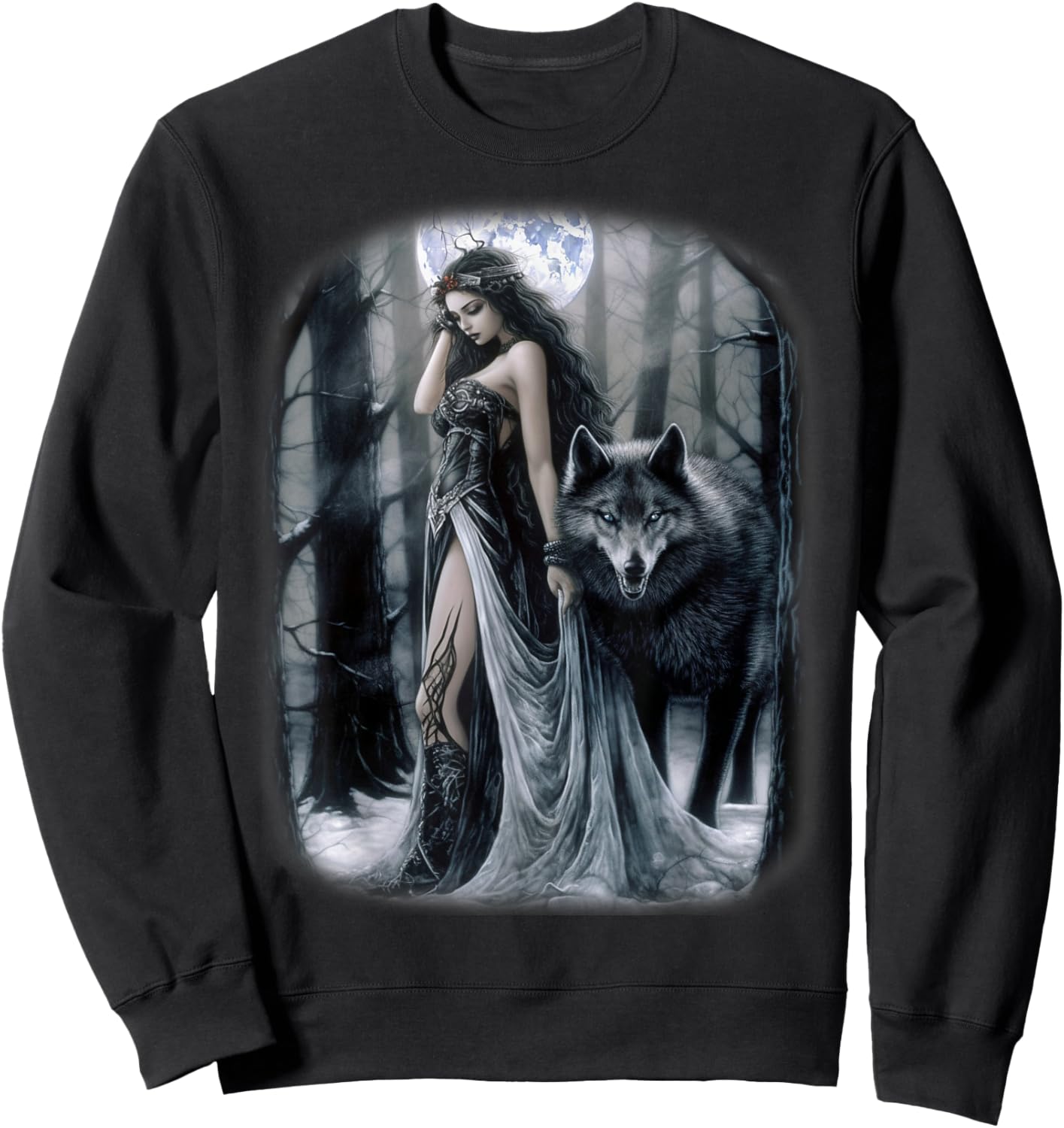 Woman and Gray Wolf in Forest Moon Fantasy Art Painting Sweatshirt - Sweatshirt | Black