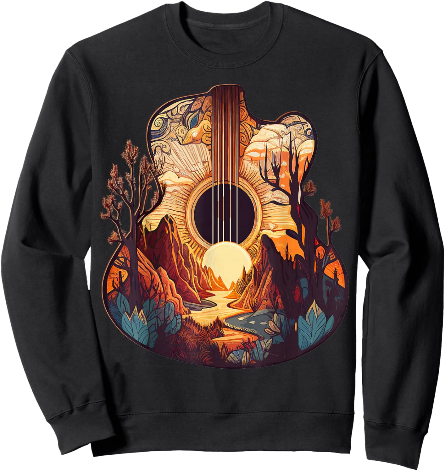 Guitar Landscape Music Lover- Acoustic Guitar Player Graphic Sweatshirt - Sweatshirt | Black