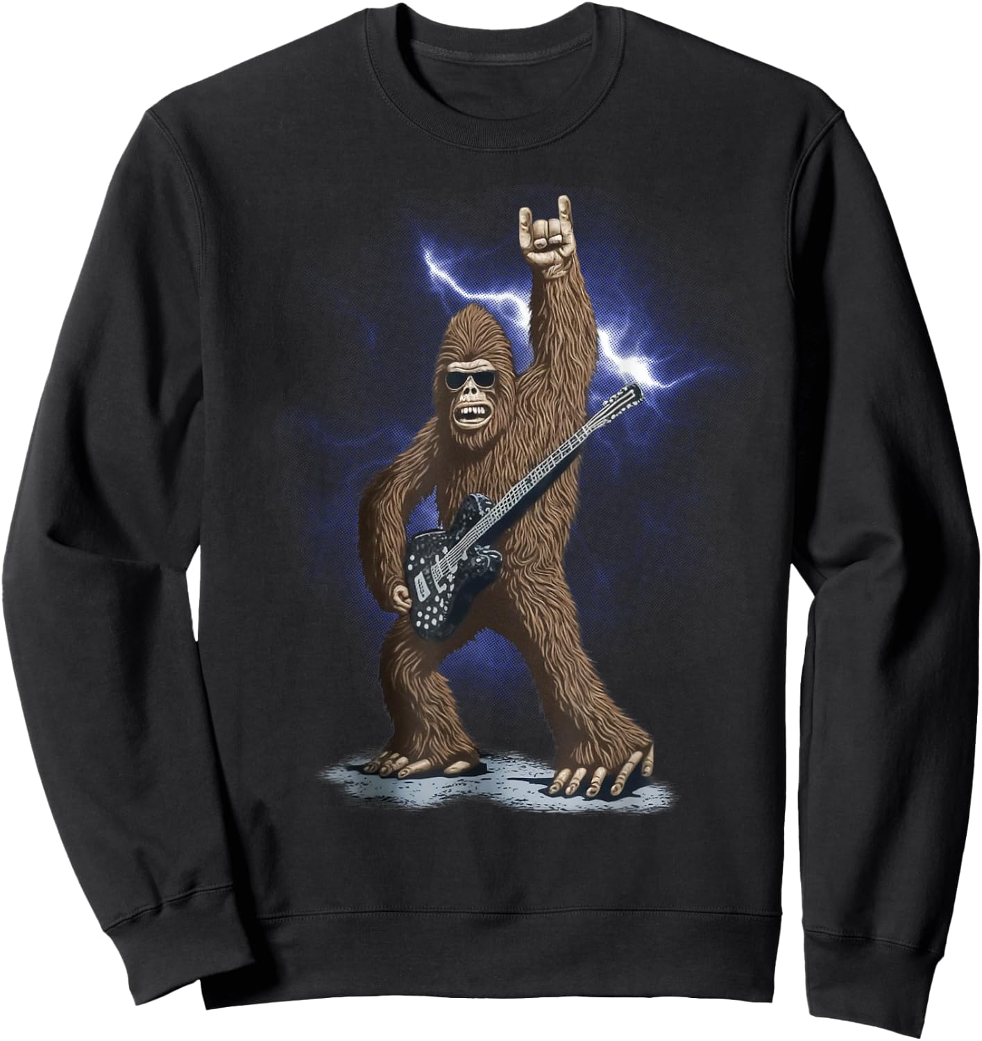Rock And Roll Bigfoot Sasquatch Playing on guitar Sunglasses Sweatshirt - Sweatshirt | Black