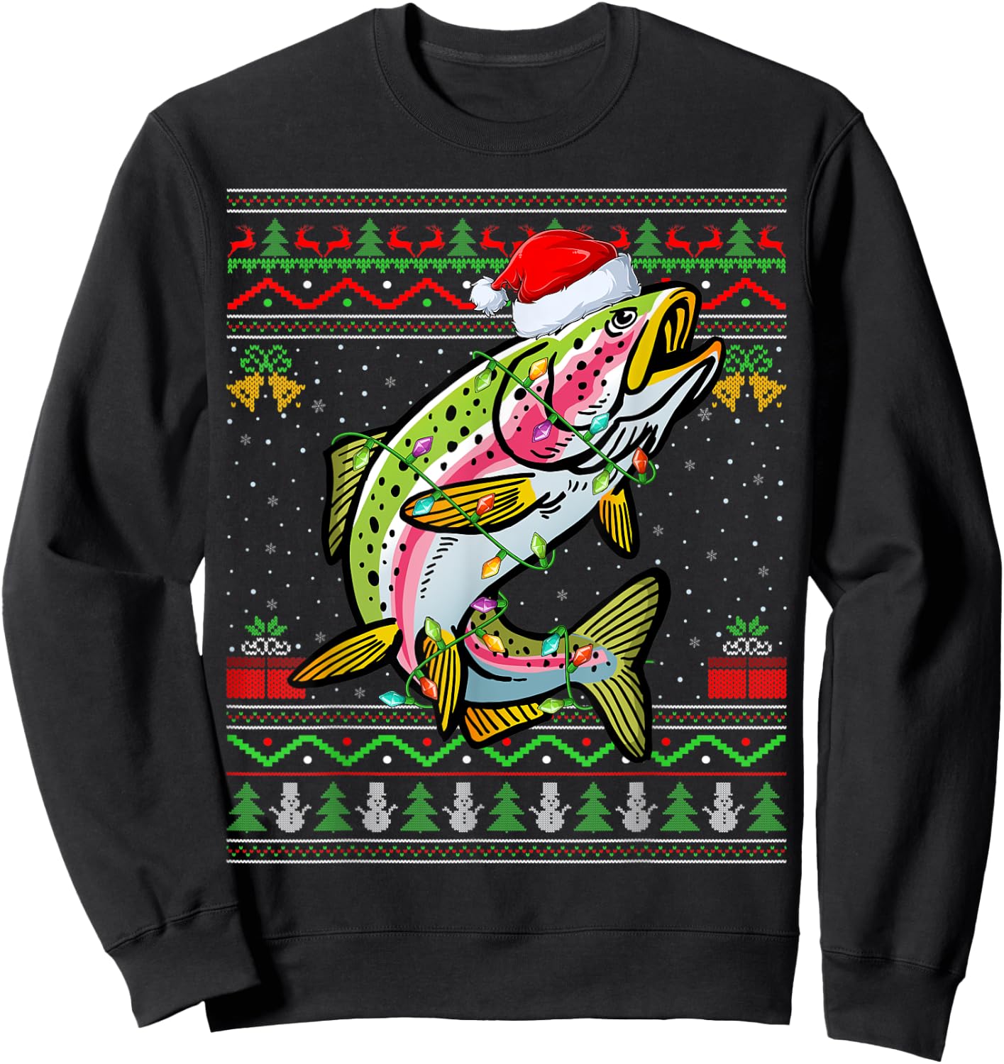 Xmas Ugly Sweater Style Santa Rainbow Trout Fish Christmas Sweatshirt - Sweatshirt | Black