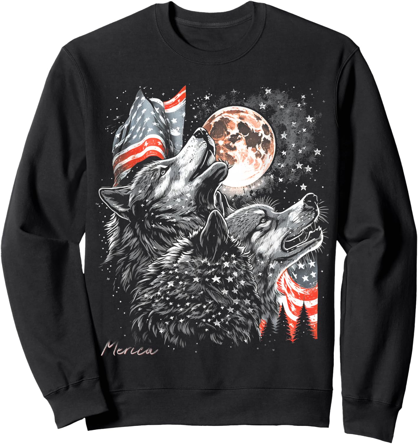 Wolf 4th of July American Flag Howling America Moon Funny Sweatshirt - Sweatshirt | Black